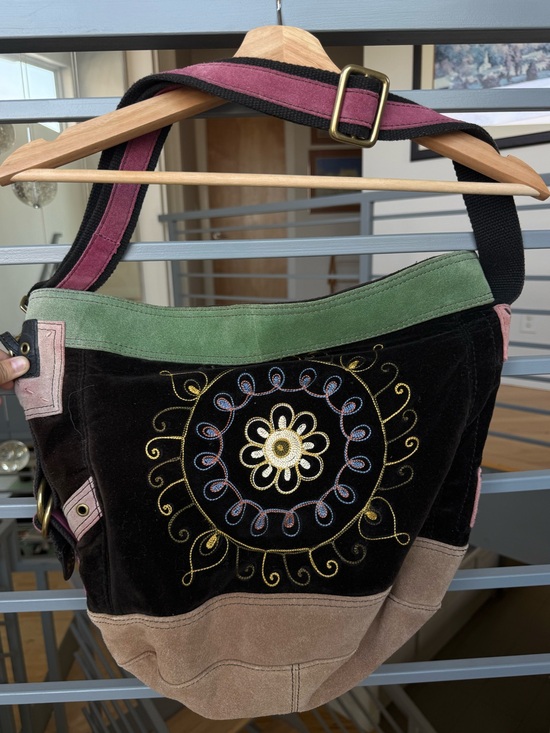 Lucky Brand Handbags - Lucky Brand Black Velvet Embroidered Shoulder Bag with Green Trim & Pink Strap